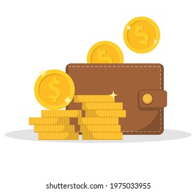 Wallet icon. Wallet and stack of coin. Cash back icon with coins and wallet. Vector illustration. Eps 10.