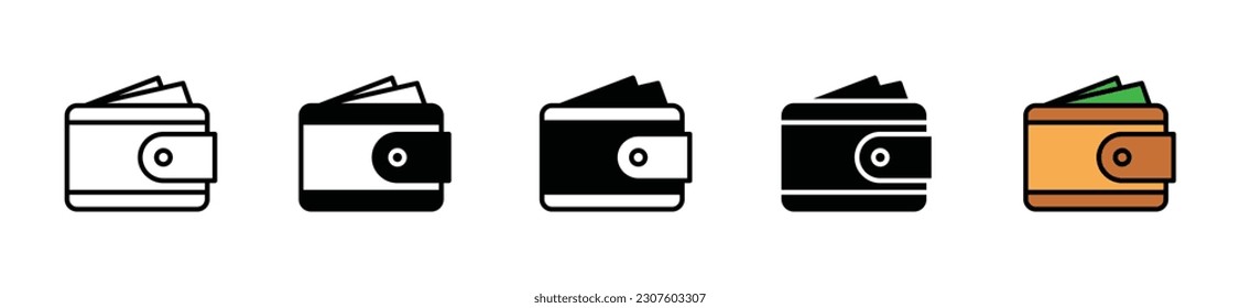 Wallet icon in thin line, flat, and color style on white background. Business, finance, money, coins, financial, dollar symbol. Vector illustration