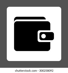 Wallet icon. This flat rounded square button uses black and white colors and isolated on a gray background.