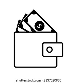 Icono de cartera. Ilustración vectorial de la cartera con billetes de dólares sobresalientes. Elemento de esquema simple para web, app, UI, móvil. Diseño gráfico para economía.