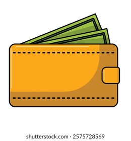 Wallet icon vector illustration, Yellow wallet with green paper money, clipart wallet with money, money wallet clip art image