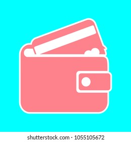 Wallet icon. Vector. Magenta icon with white sticker contour at sky blue background. Isolated.