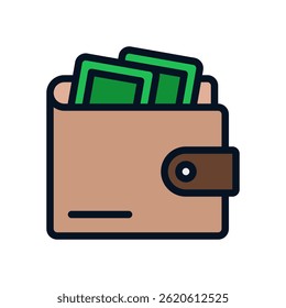 Ícone Vetor da Carteira para Moeda e Método de Pagamento. Design de carteira digital para finanças, compras e economia. Ícone Linha Preenchida