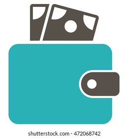 Wallet icon. Vector style is bicolor flat iconic symbol with rounded angles, grey and cyan colors, white background.