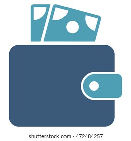 Wallet icon. Vector style is bicolor flat iconic symbol with rounded angles, cyan and blue colors, white background.