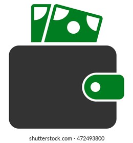 Wallet icon. Vector style is bicolor flat iconic symbol with rounded angles, green and gray colors, white background.