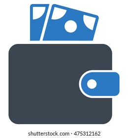 Wallet icon. Vector style is bicolor flat iconic symbol with rounded angles, smooth blue colors, white background.