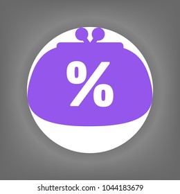 Wallet icon. Vector. Violet icon on white circle with shadow at gray background.