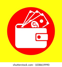 Wallet icon. Vector. White flat icon inside red circle at yellow background. Isolated.