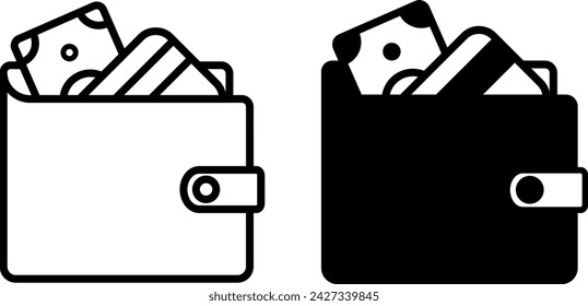 Iconos de billetera. Iconos vectoriales en blanco y negro. Billetera con Dinero y Tarjeta Bancaria. Concepto de negocio y finanzas