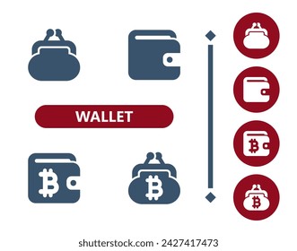 Wallet Icons. Coin purse, change purse, bitcoin, cryptocurrency, crypto currency icon. Professional, 32x32 pixel perfect vector icon.