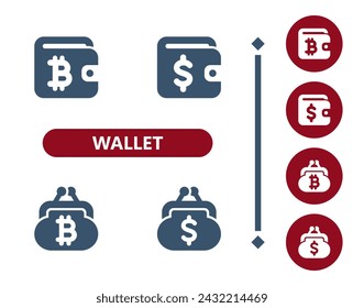 Wallet Icons. Coin purse, change purse, dollar, bitcoin, cryptocurrency, crypto currency icon. Professional, 32x32 pixel perfect vector icon.