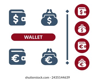 Wallet Icons. Coin purse, change purse, dollar, euro icon. Professional, 32x32 pixel perfect vector icon.