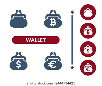 Wallet Icons. Coin purse, change purse, dollar, euro, bitcoin, cryptocurrency, crypto currency icon. Professional, 32x32 pixel perfect vector icon.