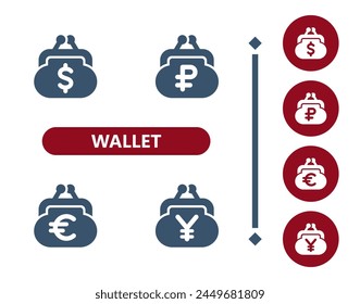 Wallet Icons. Coin purse, change purse, dollar, ruble, rouble, euro, yen, yuan icon. Professional, 32x32 pixel perfect vector icon.