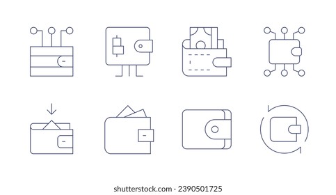 Portemonnaie-Symbole. Bearbeitbarer Strich. Enthält digitale Brieftasche, Brieftasche, Online-Brieftasche, Transaktion.