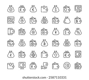 Wallet icons. Outline symbols collection. Premium vector line icons set
