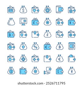 Wallet icons. Outline symbols. Vector blue line icons set