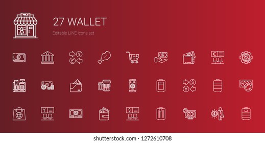 wallet icons set. Collection of wallet with sale, trolley, bank, money, shopping, currency, supermarkets, cash register, cash, salary, supermarket. Editable and scalable wallet icons.
