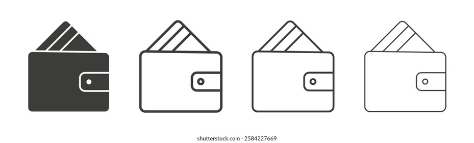 Wallet icons set. Liner outlined and flat black color