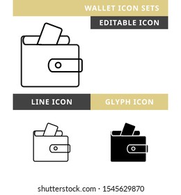 Wallet icons set vector design, modern editable line and  glyph icon, black colour and isolated for icon presentation, website and banner
