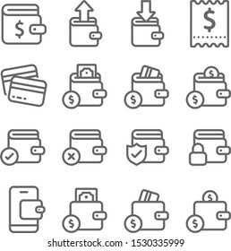 Wallet icons set vector illustration. Contains such icon as Bill , Receipt , Wallet protection, payment and more. Expanded Stroke