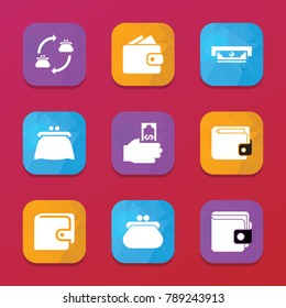 Wallet icons. vector collection filled wallet icons set.. includes symbols such as hand holding money, atm, wallet, money exchange. use for web, mobile and ui design.