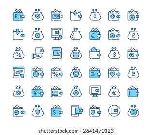 Wallet icons. Vector line icon set. Modern outline design. Blue concept