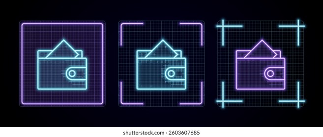 Wallet illustration, cyber neon visual, glowing border grid vector.	