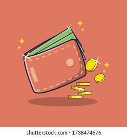 wallet illustration with full of money and coin in flat style. Finance vector for web,landing page, stickers, and background