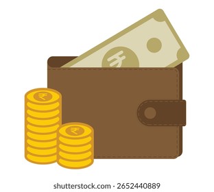Carteira com notas de rúpia indiana e pilhas de moedas de ouro, vetor de carteira de couro marrom em fundo sólido, ideal para finanças indianas e gráficos com tema bancário