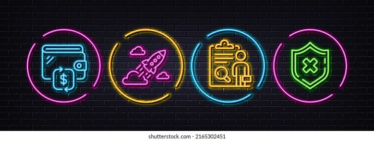 Wallet, Inspect And Startup Rocket Minimal Line Icons. Neon Laser 3d Lights. Reject Protection Icons. For Web, Application, Printing. Transfer Currency, Research List, Business Innovation. Vector