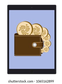 wallet with iota coins on a tablet screen on  white background , crypto currency coins in the wallet, color design concept