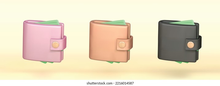 wallet isolated vector 3d icon. soft lilac, black wallet 3d illustration.