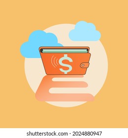 Wallet with letter E shadow and cloud background. Conceptual illustration of E-wallet. Vector illustration outline flat design style.