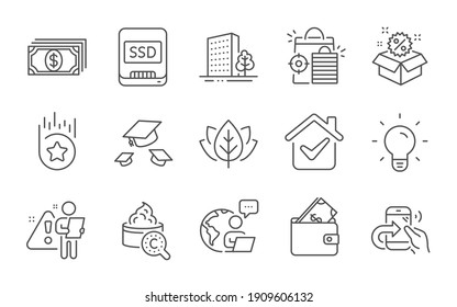 Wallet, Light bulb and Ssd line icons set. Seo shopping, Loyalty star and Organic tested signs. Collagen skin, Buildings and Throw hats symbols. Sale, Share call and Payment. Line icons set. Vector