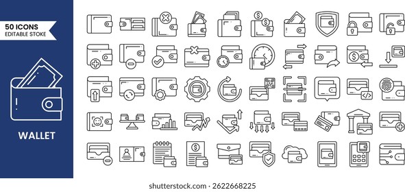 Conjunto de iconos editables de línea de cartera. Contiene billetera electrónica, tarjeta de crédito, efectivo, titular de la tarjeta, moneda y más. Ilustración vectorial