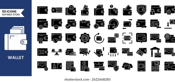 Wallet line editable icon set. Containing e-wallet, credit card, cash, cardholder, coin and more. Vector illustration