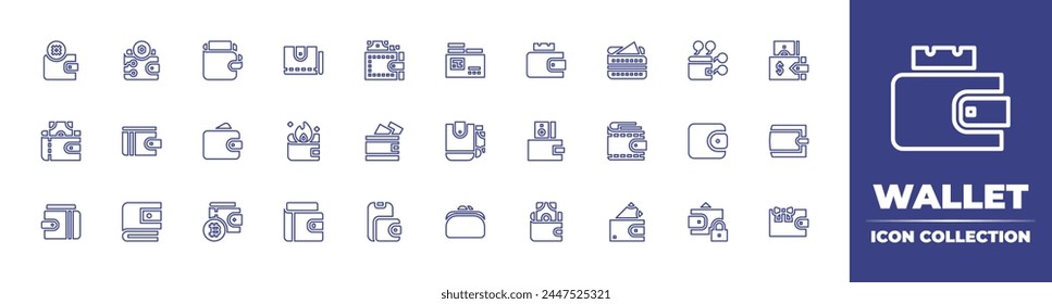 Colección de iconos de línea de cartera. Trazo editable. Ilustración vectorial. Conteniendo cartera, billetera, billetera digital, monedero, tarjeta de crédito.
