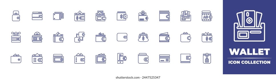 Wallet line icon collection. Editable stroke. Vector illustration. Containing wallet, benefit, digital wallet, purse, payment method, advertising, money management, trading, credit card.