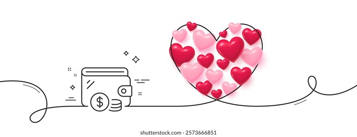 Wallet line icon. Continuous line big heart. Dollar currency coins sign. Money trade symbol. 3d hearts in heart shaped loop. Wallet single line ribbon. Loop curve pattern. Vector