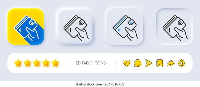 Wallet line icon. Neumorphic, Flat shadow, 3d buttons. Hand hold money purse sign. Cash budget symbol. Line wallet icon. Social media icons. Vector