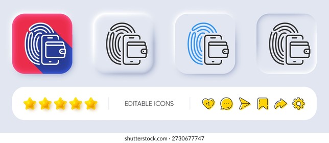 Symbol für die Brieftaschenzeile. Neumorph, flacher Schatten, 3D-Tasten. Geldbörsenzeichen. Bargeldsymbol für Fingerabdrücke. Symbol für Zeilenumbruch. Symbole sozialer Medien. Vektorgrafik