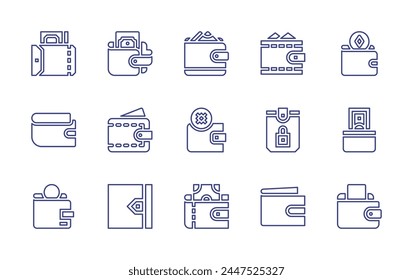 Conjunto de iconos de línea de cartera. Trazo editable. Ilustración vectorial. Conteniendo billetera, bolso, dinero en efectivo, bolsillo.
