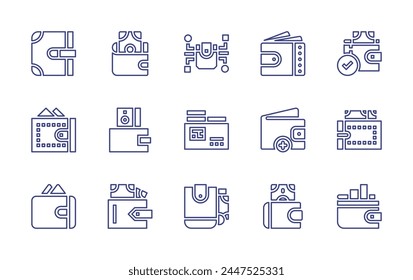 Conjunto de iconos de línea de cartera. Trazo editable. Ilustración vectorial. Con billetera, tarjeta de crédito, dinero en efectivo, recarga.
