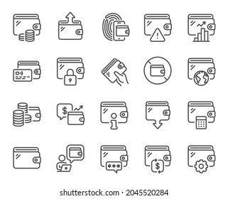 Wallet line icons. Money transfer, Credit card payment, Withdraw funds icons. Cash purse, Fingerprint access and online Wallet. Money commerce, Deposit transfer and Calculate cash budget. Vector