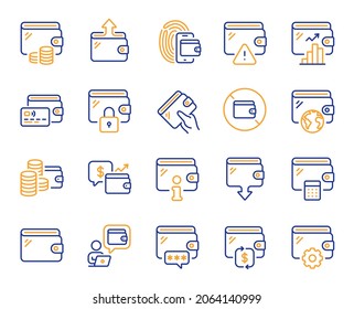 Wallet line icons. Money transfer, Credit card payment, Withdraw funds icons. Cash purse, Fingerprint access and online Wallet. Money commerce, Deposit transfer and Calculate cash budget. Vector