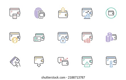 Wallet line icons. Money transfer, Credit card payment, Withdraw funds icons. Cash purse, Fingerprint access and online Wallet. Money commerce, Deposit transfer and Calculate cash budget. Vector