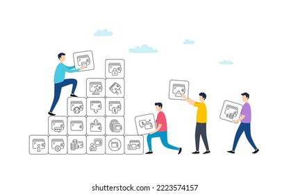 Wallet line icons. People team work concept. Money transfer, Credit card payment, Withdraw funds icons. Cash purse, Fingerprint access and online Wallet. Vector