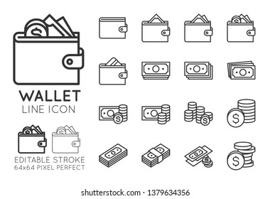 Wallet line icons set. Money related vector icons. Contains such icons as empty wallet, with credit card, cash, banknote, dollar, coin, stacked pile of cash. Editable Stroke, 64x64 pixel perfect.